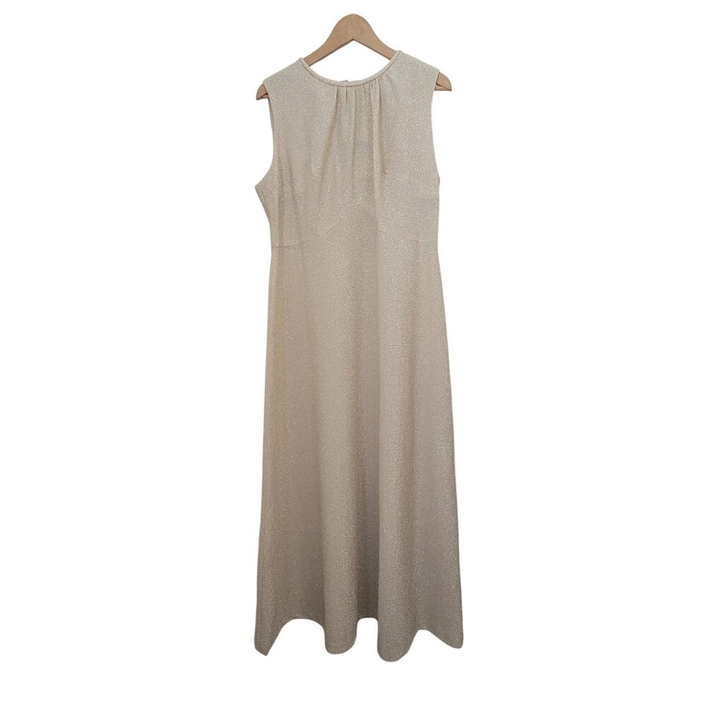 Vintage 70s Sleeveless Shimmering Champagne Gold Lamé Sheer Maxi Dress Sz 18.5 - Picture 2 of 9